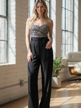 Strapless Black Wide-Leg Jumpsuit with Patterned Bodice